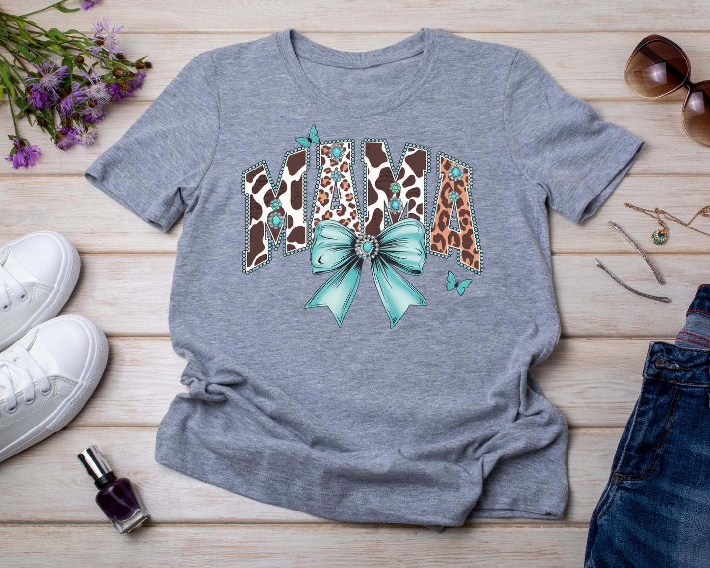 Mama - Teal - Animal Print - TShirt or Crewneck Sweatshirt