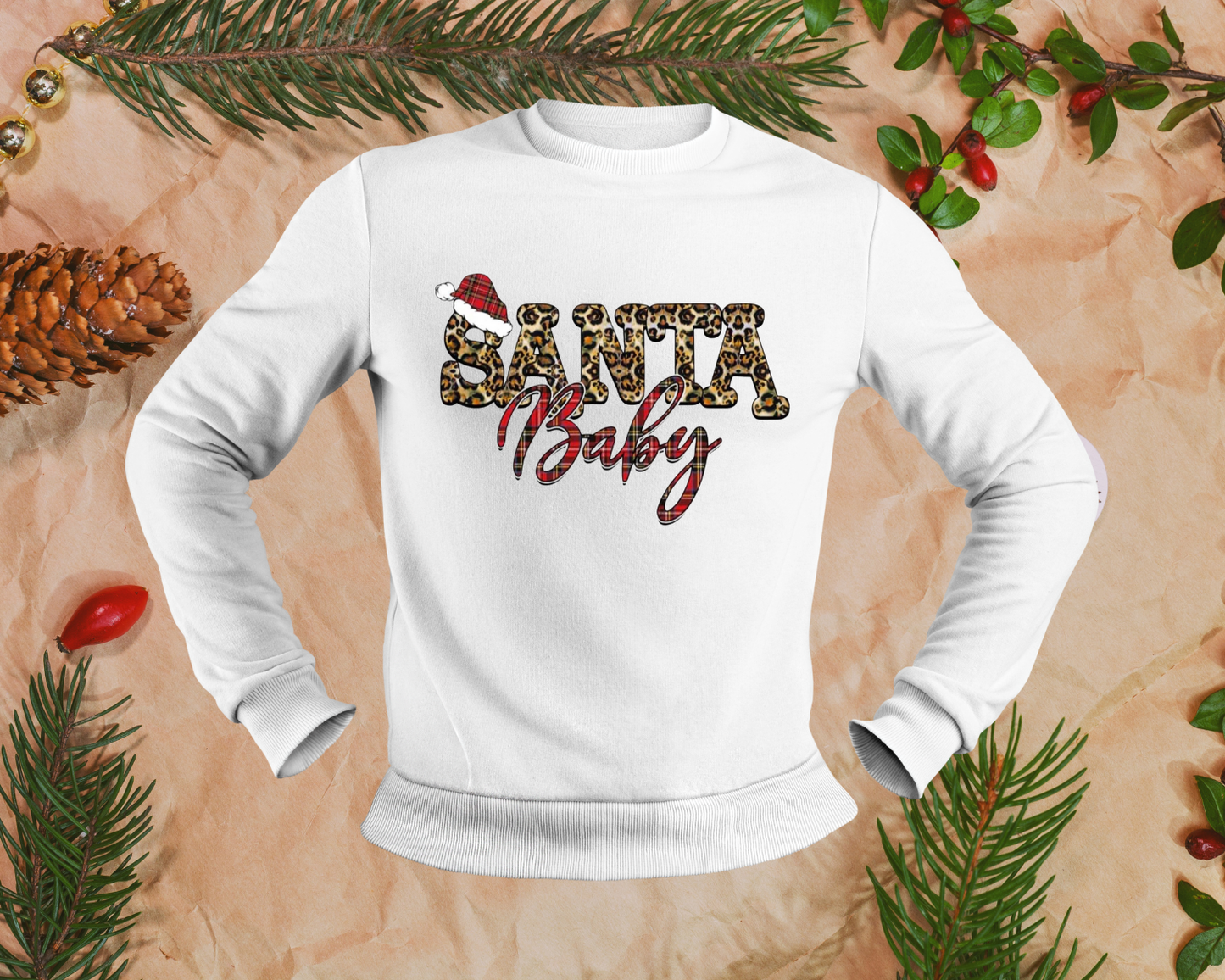 Santa Baby - Leopard - Red & Black Plaid - TShirt or Crewneck Sweatshirt