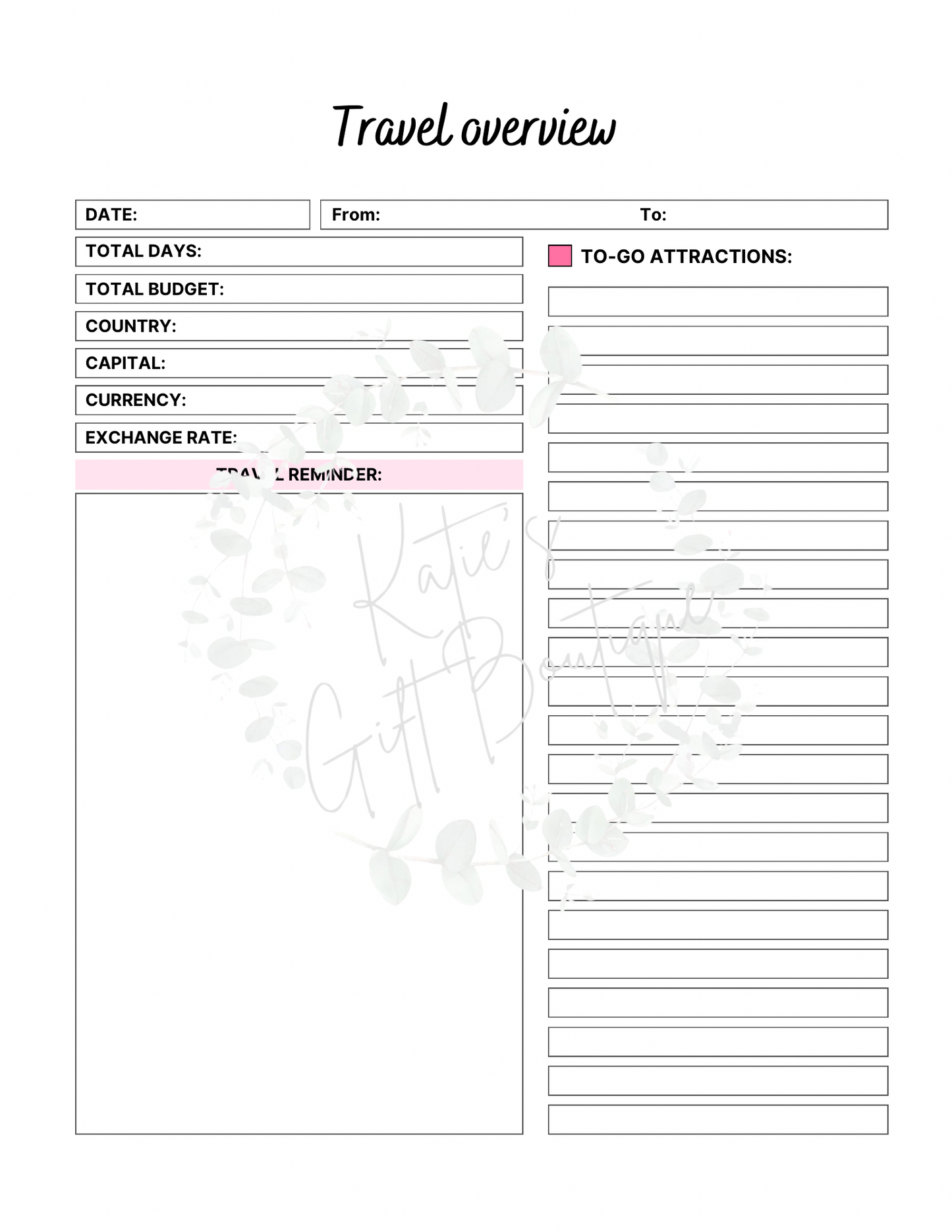 2024-2025 Travel Planner Spread - Self Care Binder