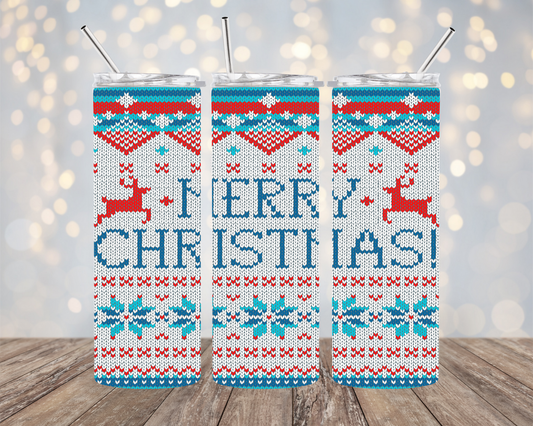 Merry Christmas - Red & Blue - "Sweater Material" - Tumbler