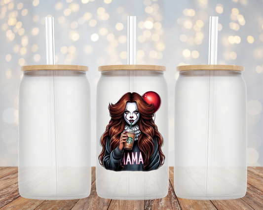 Blue "IT" Mama Clown Coffee Baddie w Balloon- Glass Cup