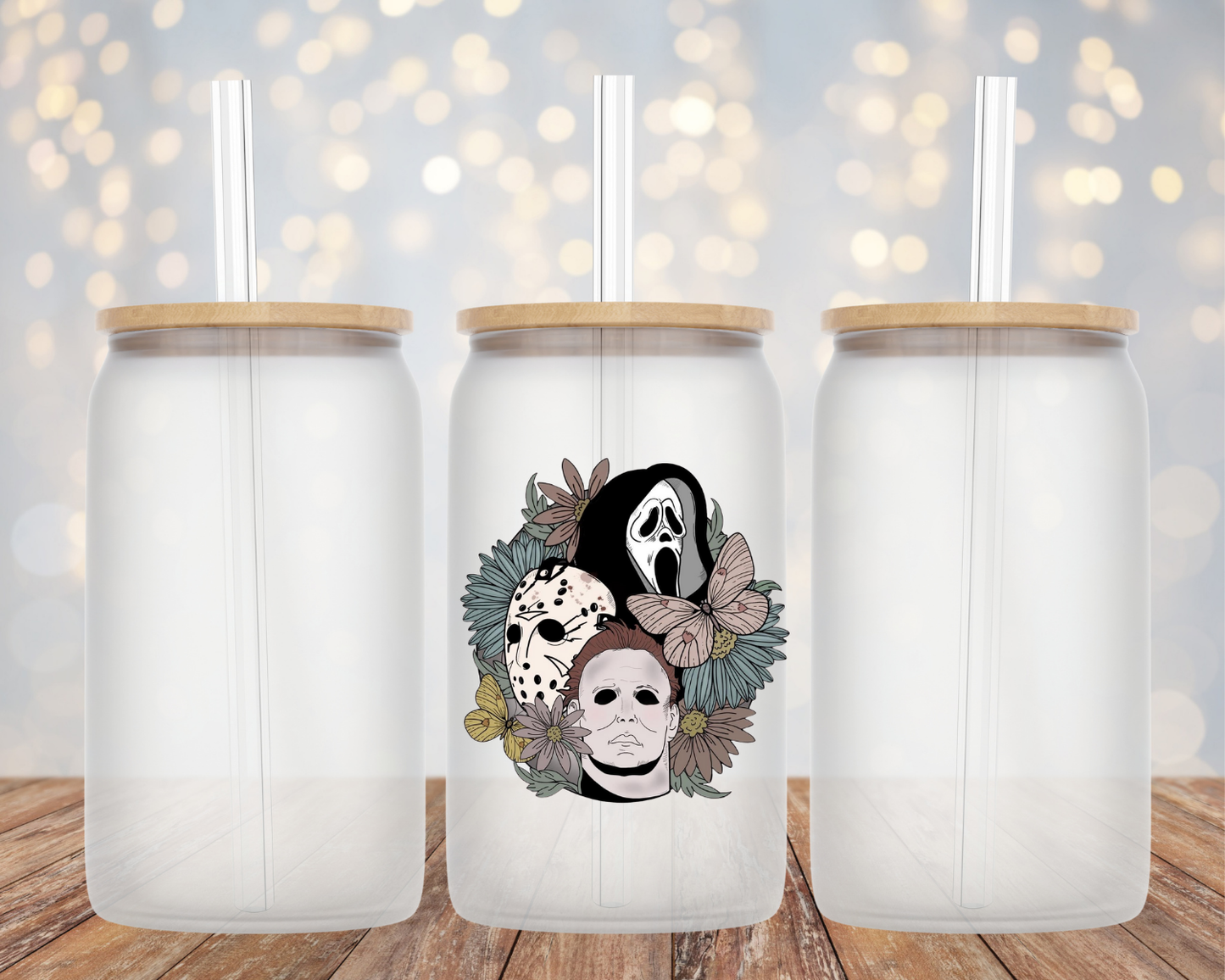 Ghostface/Jason/Mike Myers Floral - Glass Cup