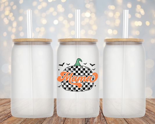 Checkered "Mama" Pumpkin- Glass Cup