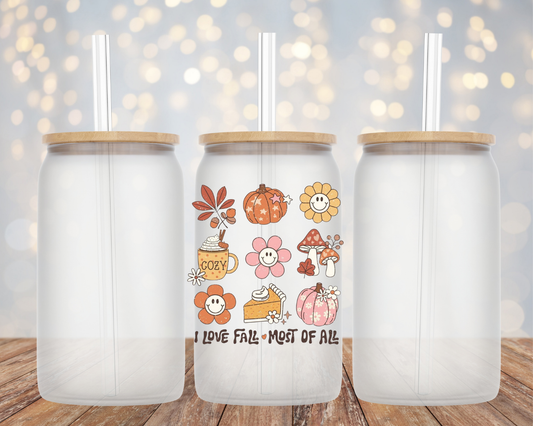 "I Love Fall Most Of All" Hippie Vibes- Glass Cup