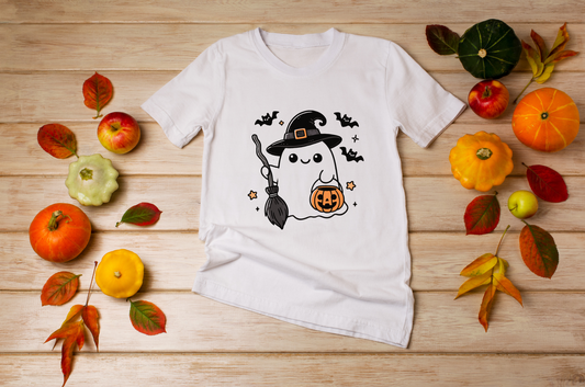 Witchy Ghost and Pumpkin Bucket - TShirt or Crewneck Sweatshirt