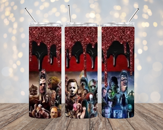 Halloween Character Montage with Red Glitter Trim- Tumbler