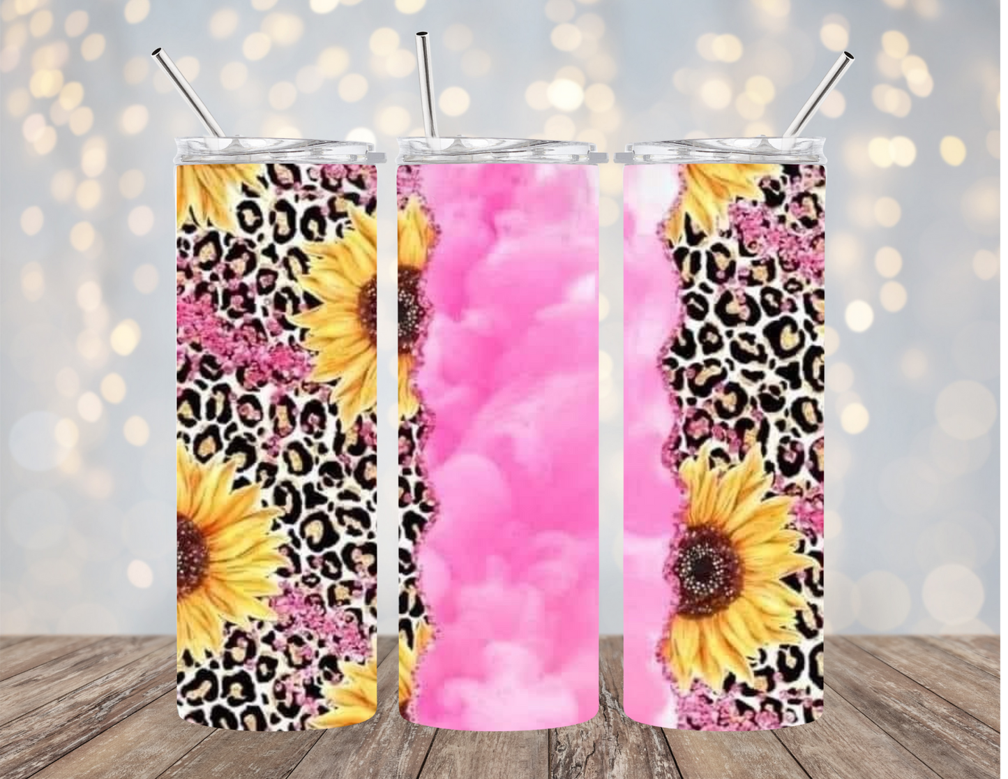 Pink Sunflower and Leopard - add name - Tumbler